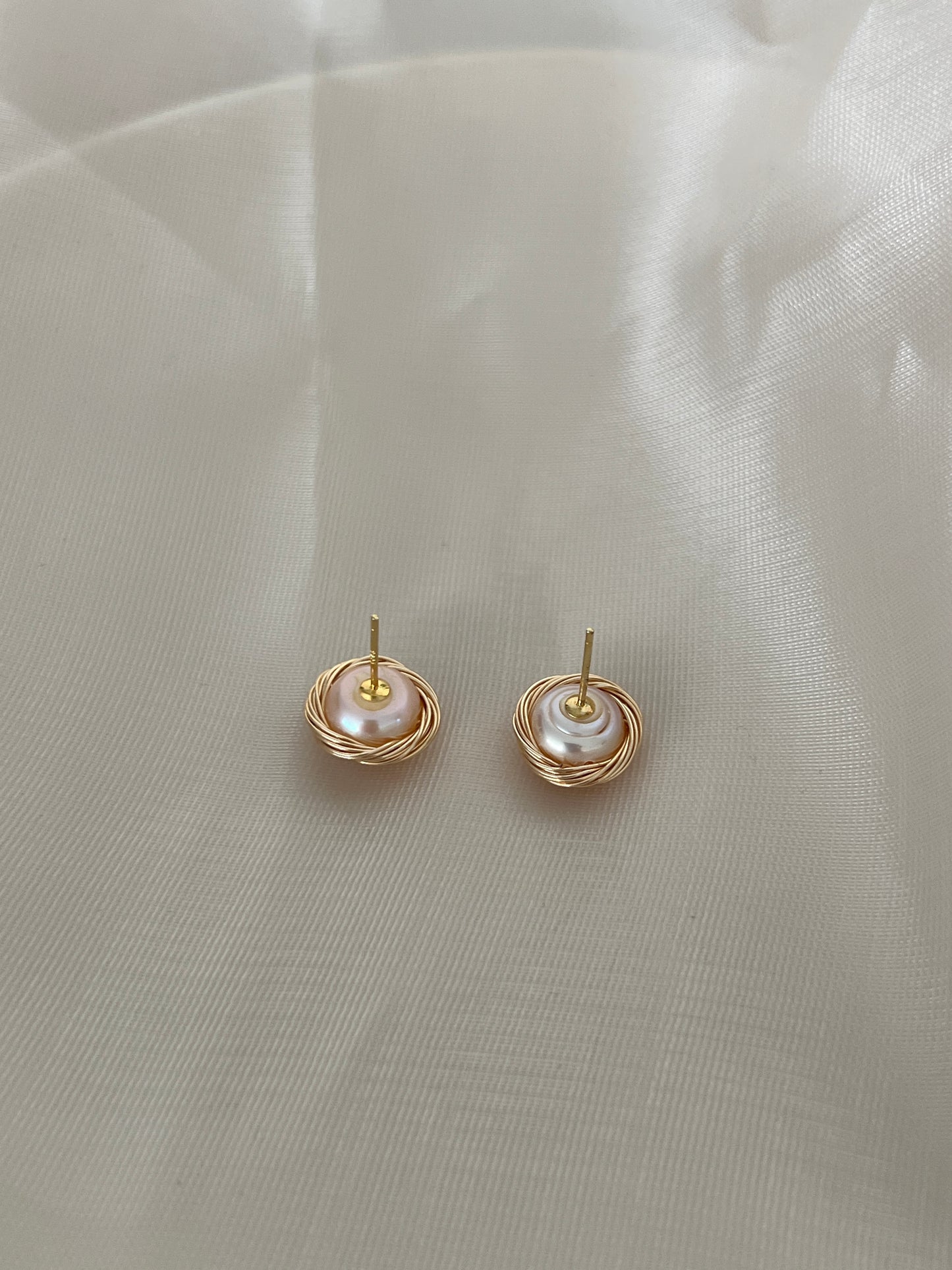 Wire-wrapped pink pearl earrings
