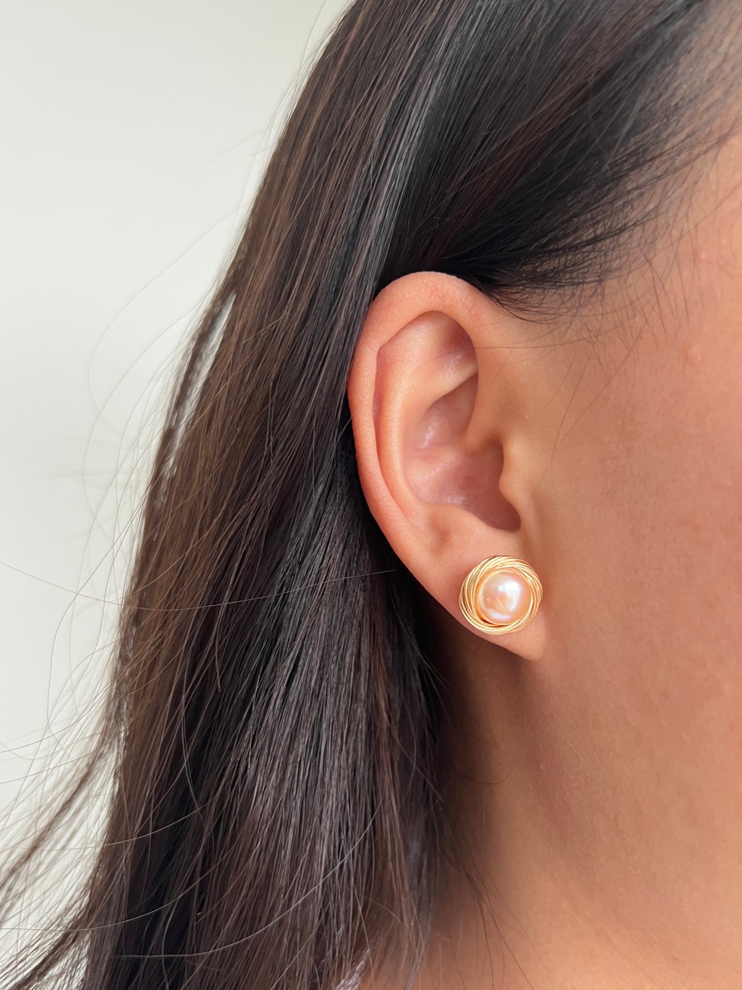 Wire-wrapped pink pearl earrings