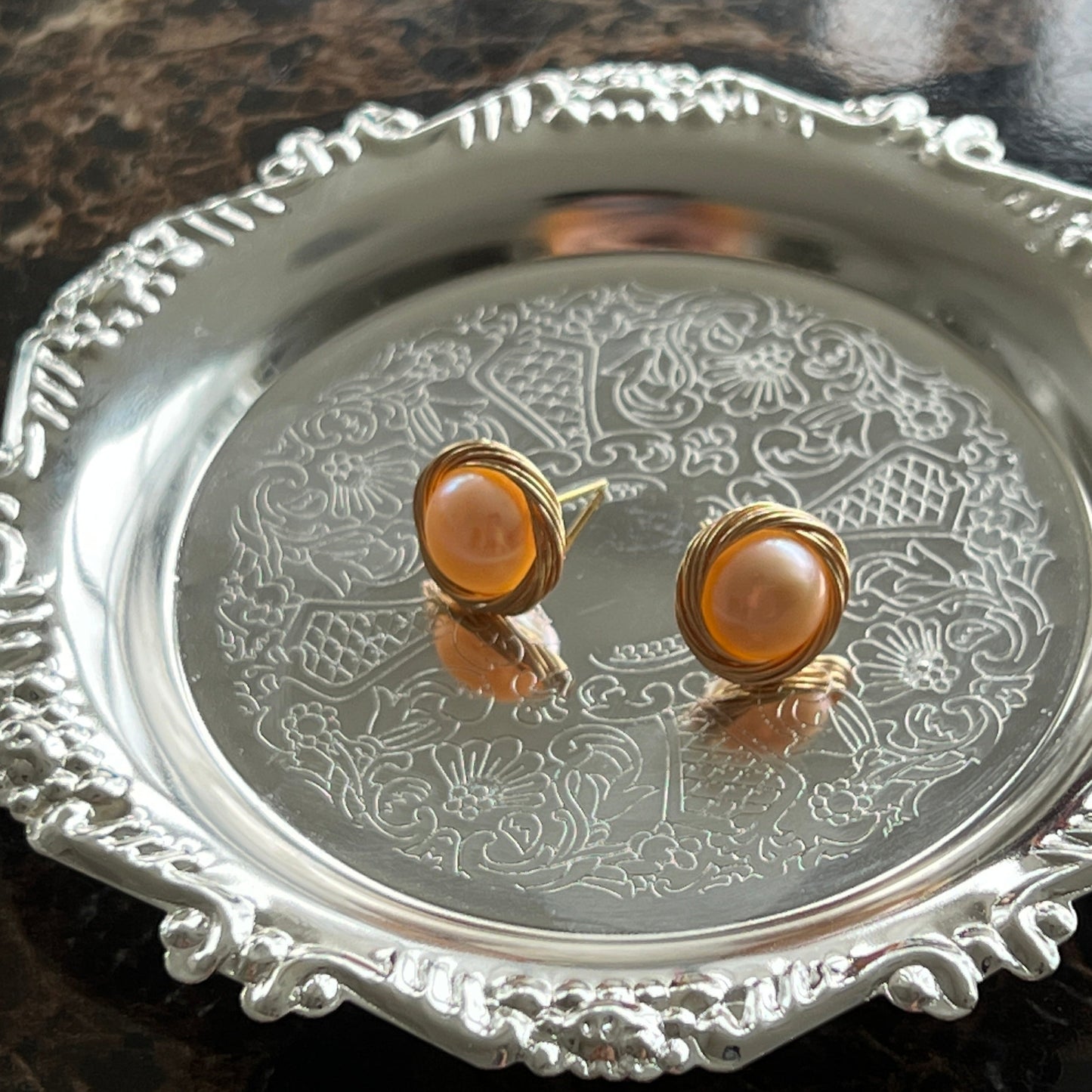 Wire-wrapped pink pearl earrings