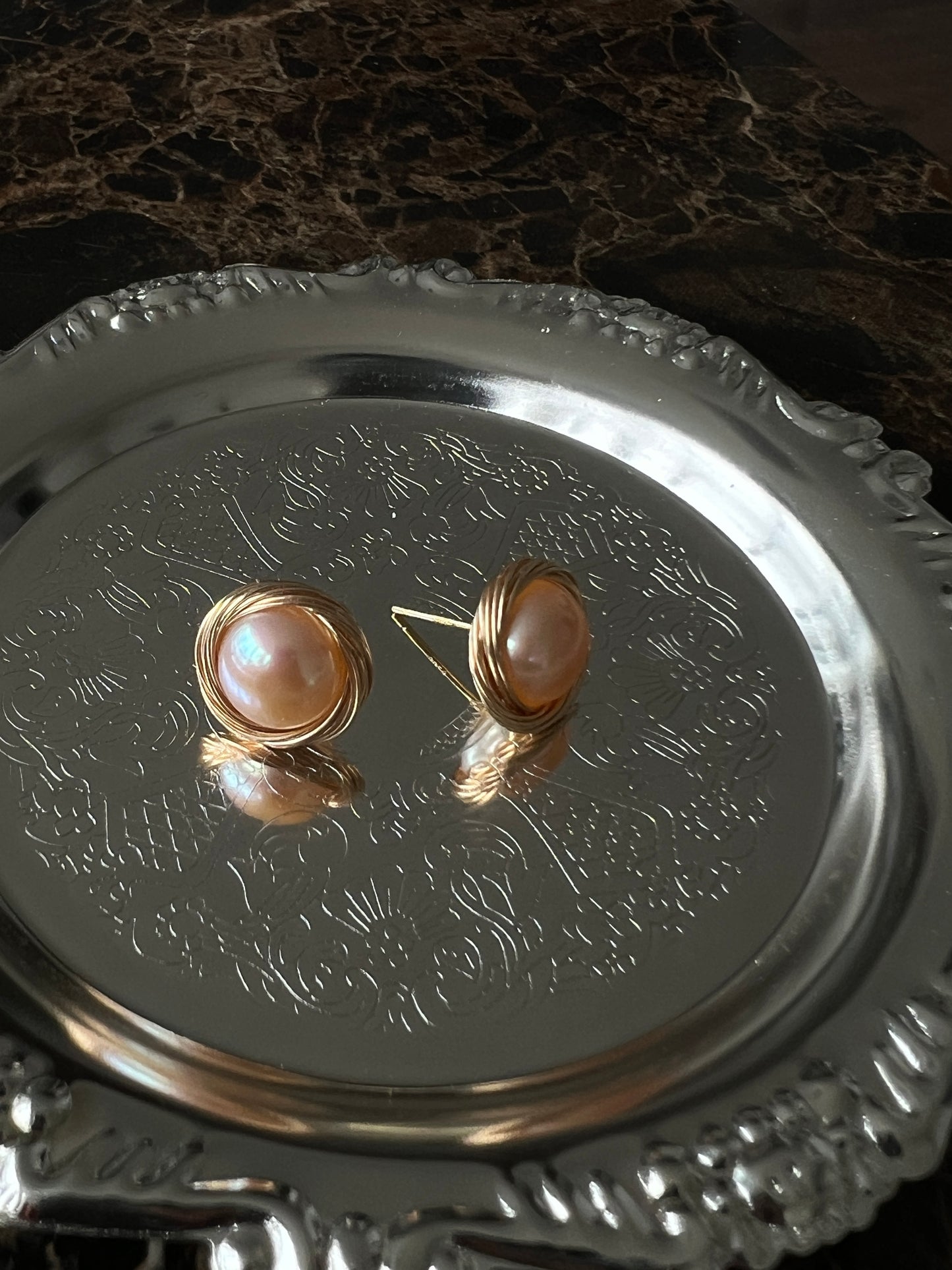 Wire-wrapped pink pearl earrings
