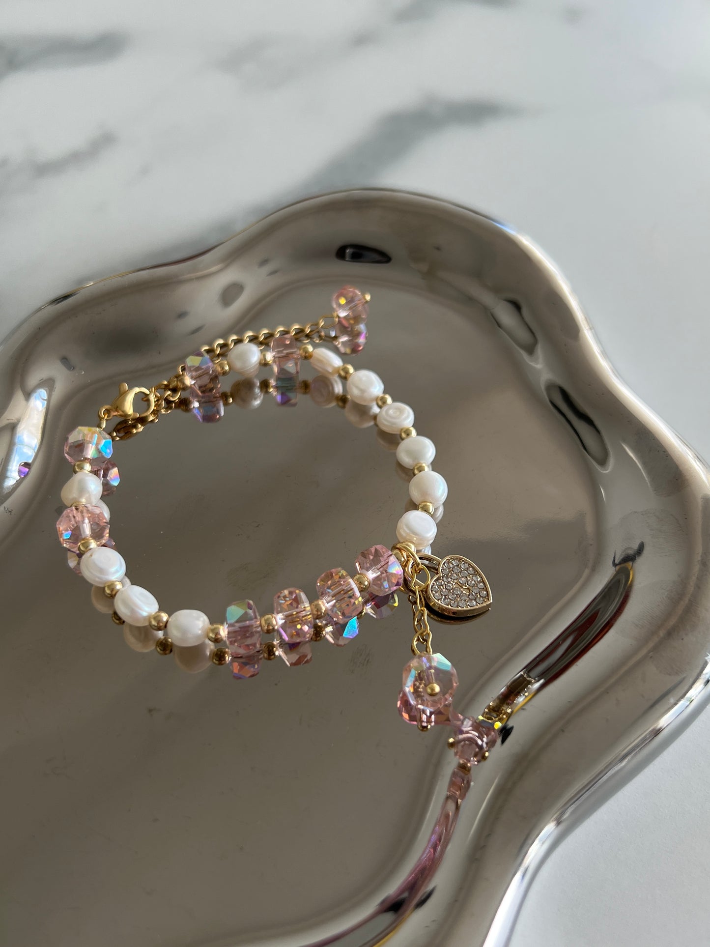 Pink Heart Pearl Bracelet