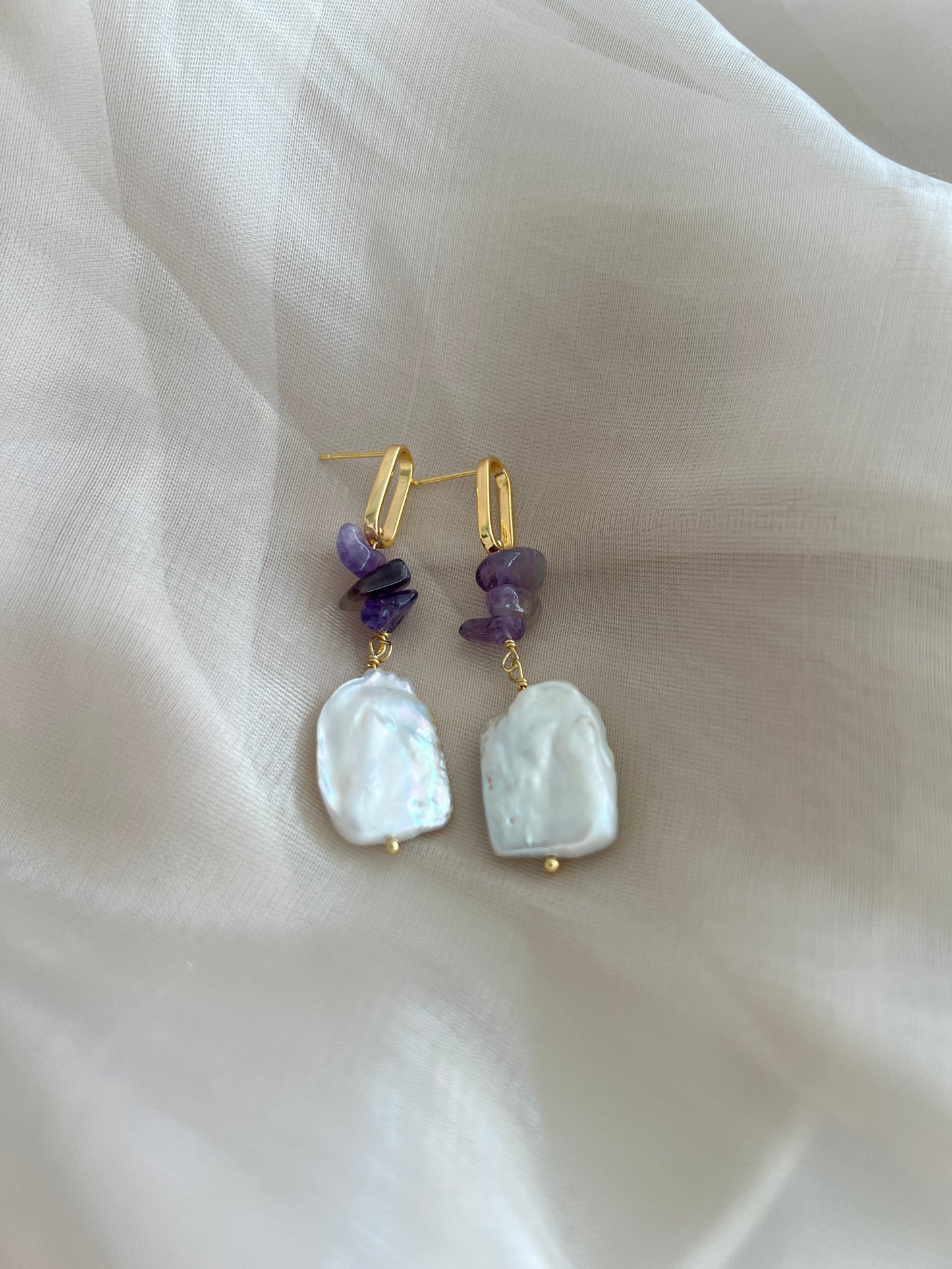 Purple Stone Pearl Earrings