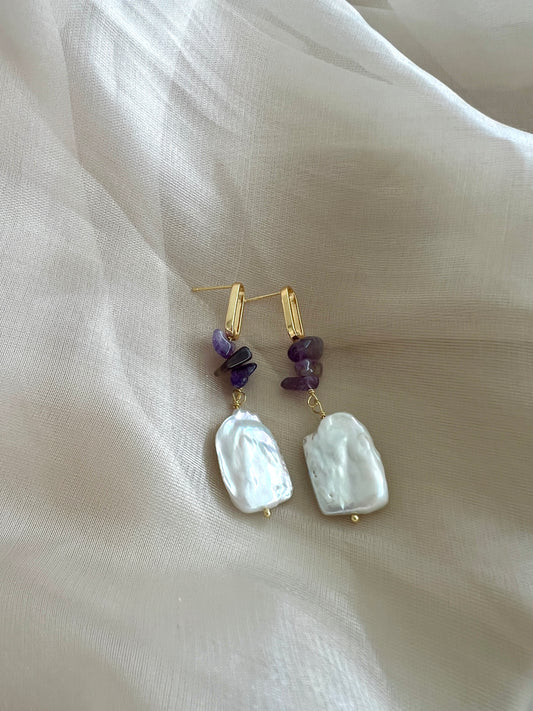 Purple Stone Pearl Earrings