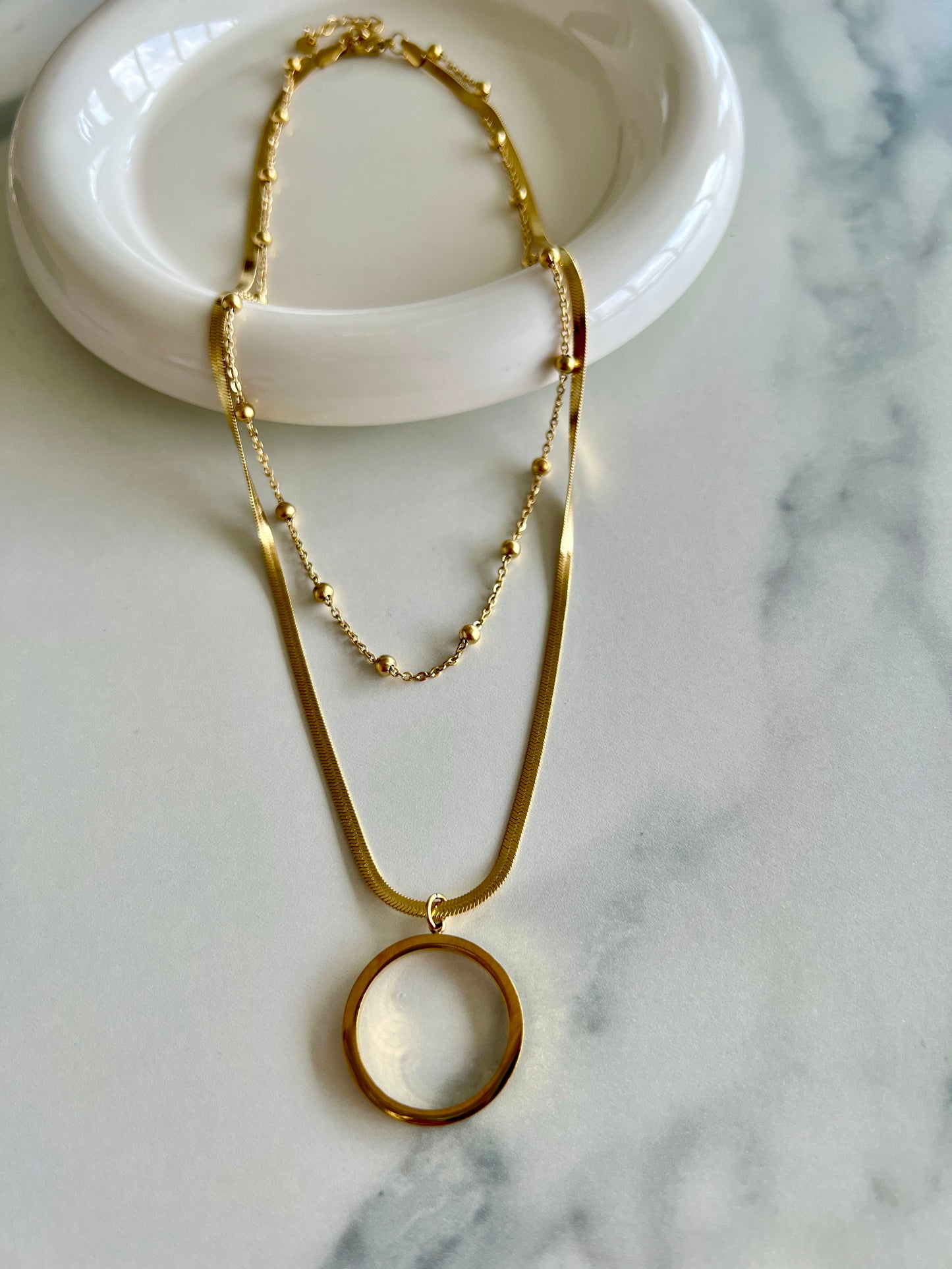 Gold Double-chain Round Pendant Necklace