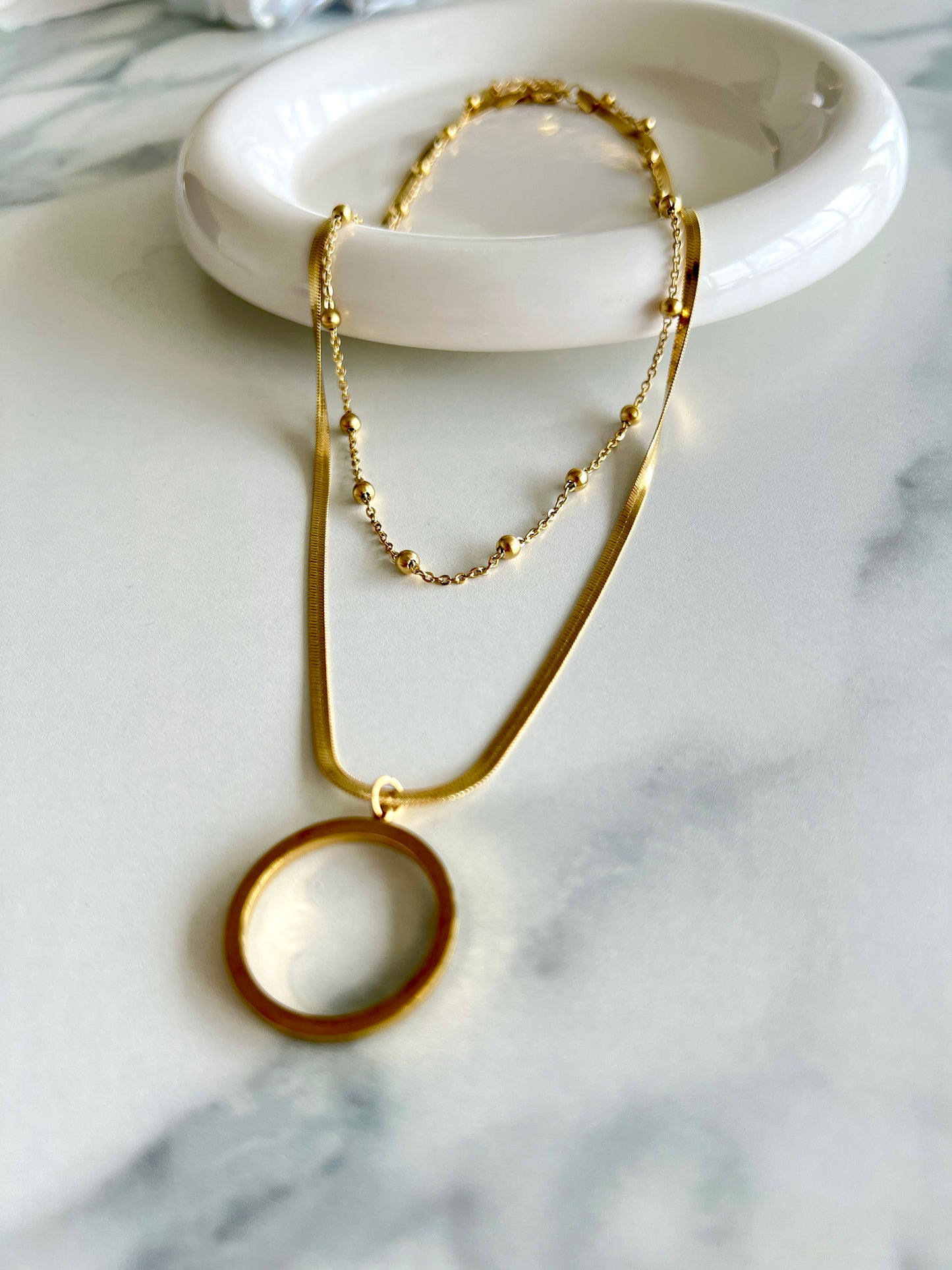 Gold Double-chain Round Pendant Necklace