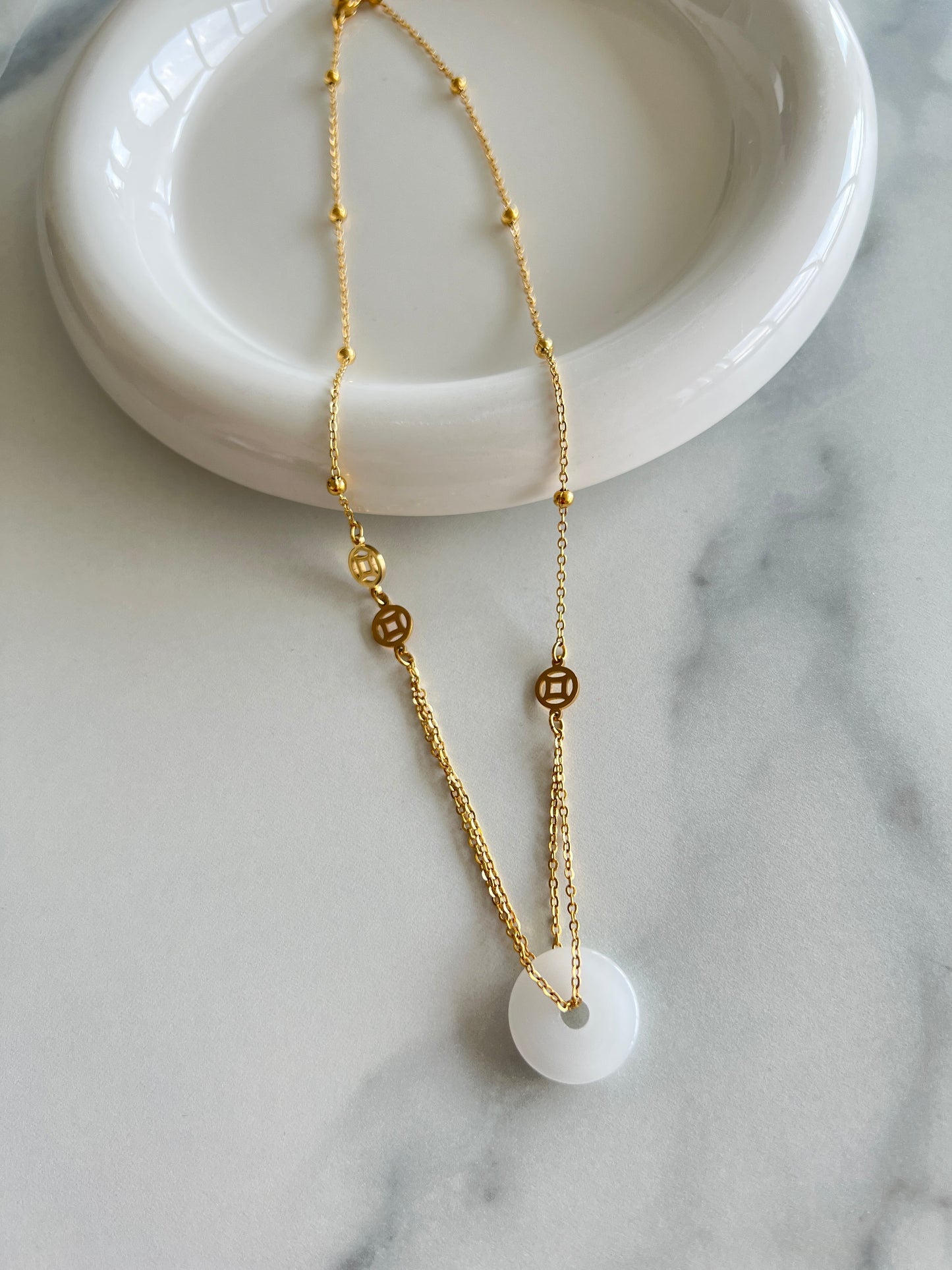 Gold White Jade Donut Necklace