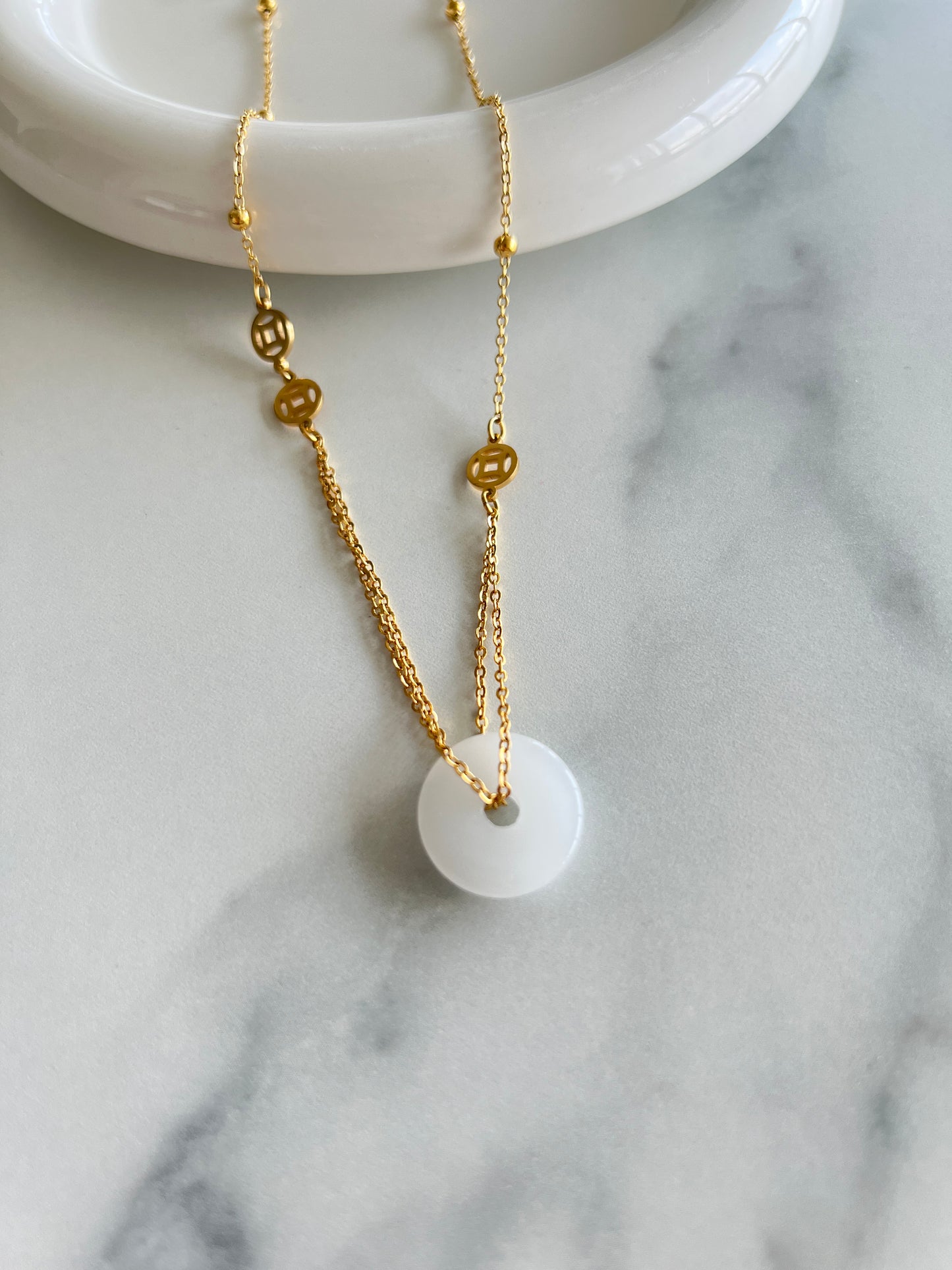 Gold White Jade Donut Necklace