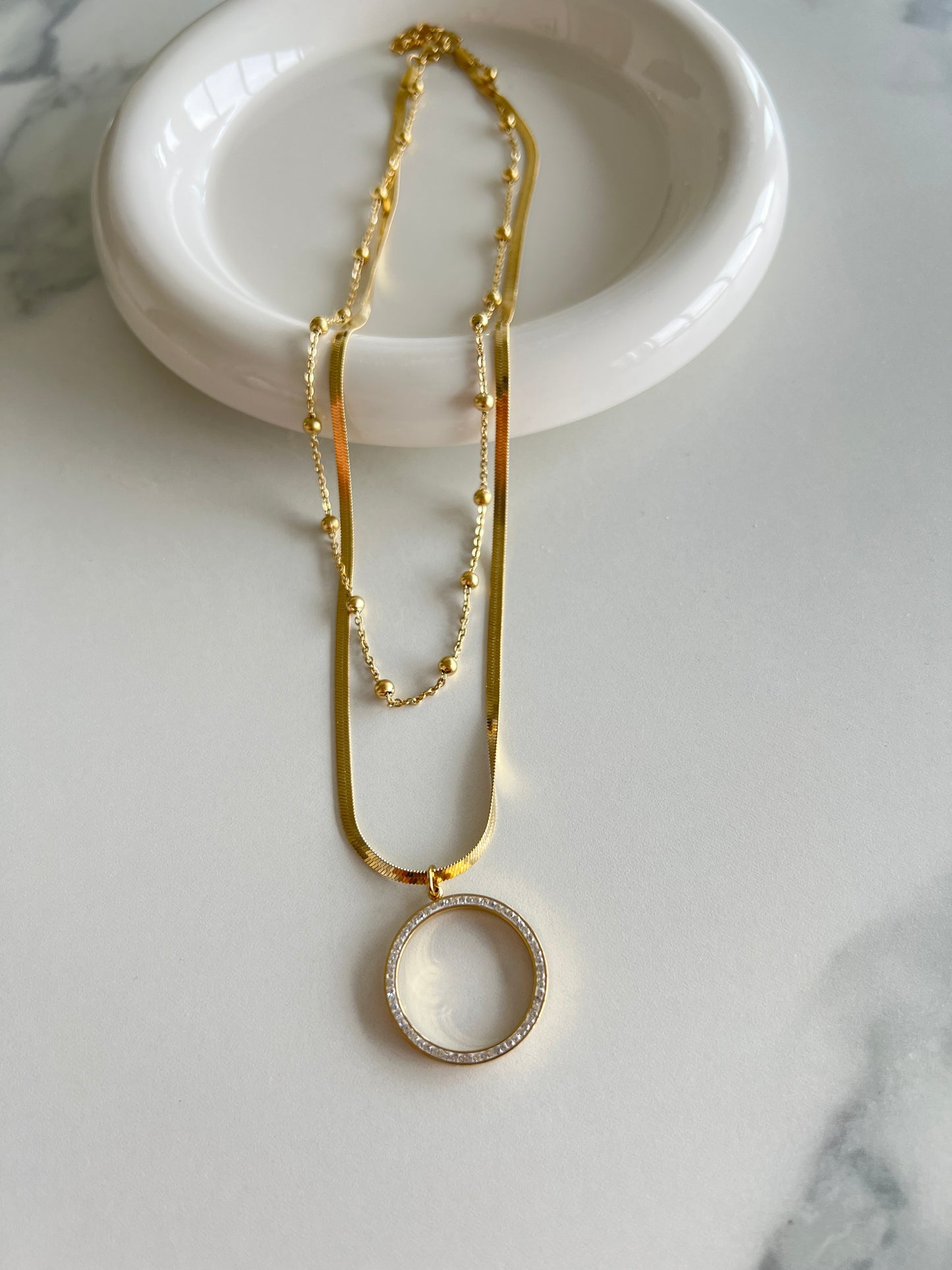 Gold Double-chain Round Pendant Necklace