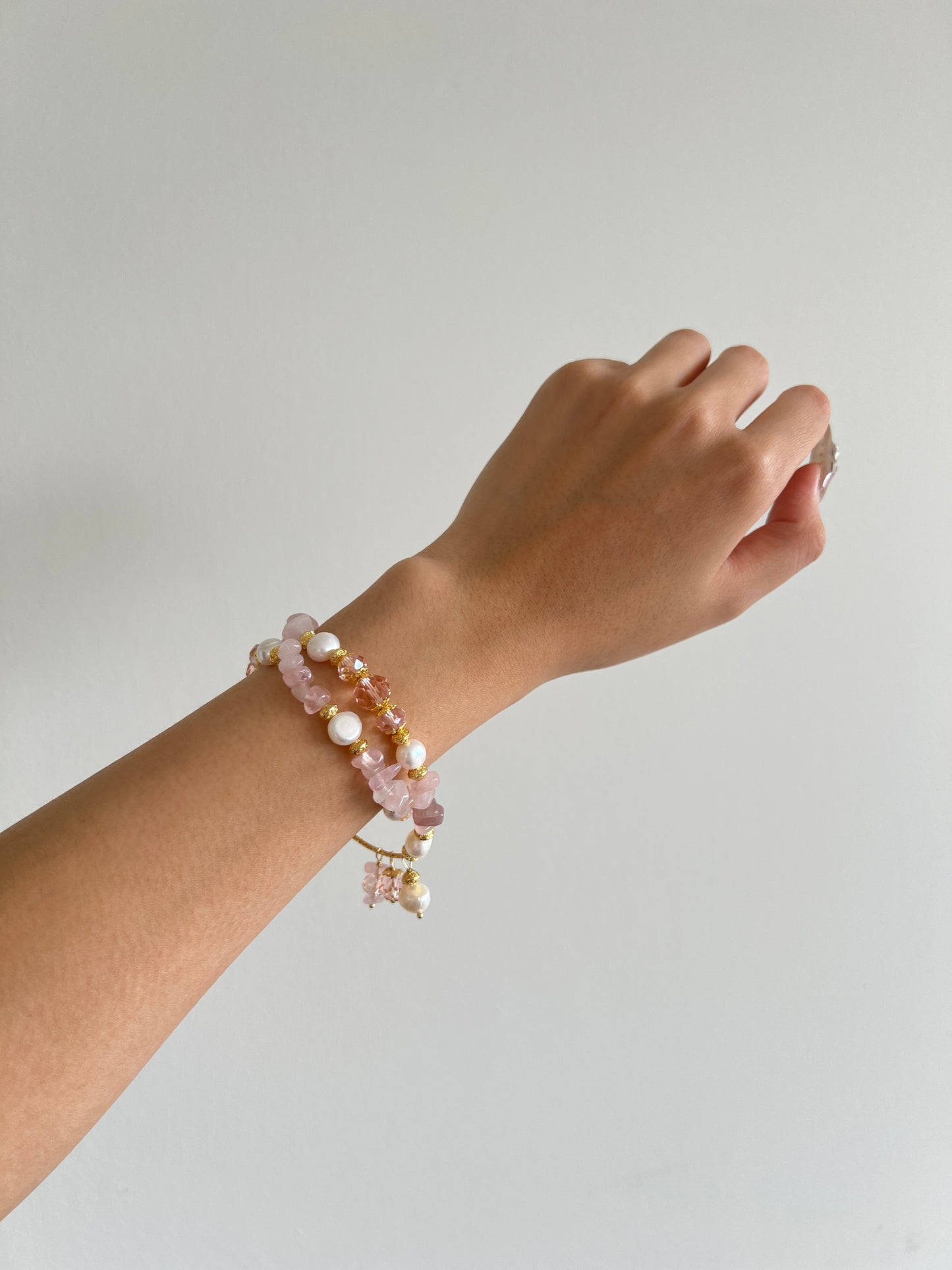 Double-Chain Pink Crystal Pearl Bracelet