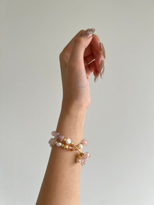 Double-Chain Pink Crystal Pearl Bracelet